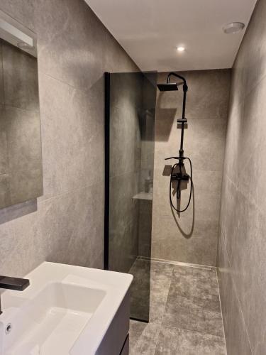 a bathroom with a shower and a white sink at Mooie studio 14 C in center in Rotterdam