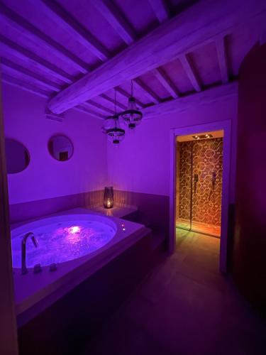 a purple bathroom with a tub in a room at L’ Aia del Principe in Montepulciano