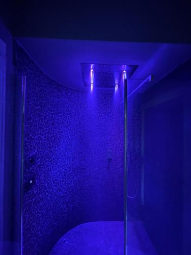 a dark room with a blue light and a shower at L’ Aia del Principe in Montepulciano