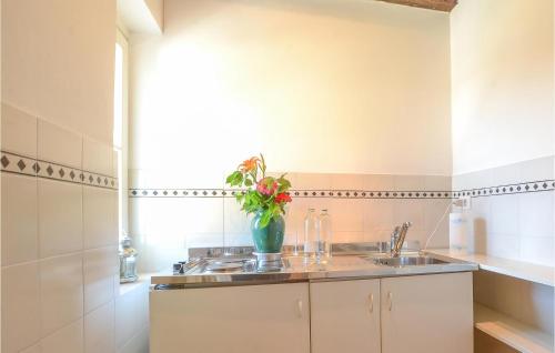 een keuken met een wastafel en een vaas met bloemen bij Casa Orange in Tissano