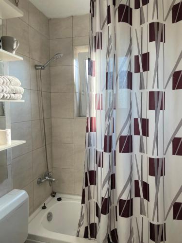 a bathroom with a tub and a shower curtain at Blerta's apartment in Prizren