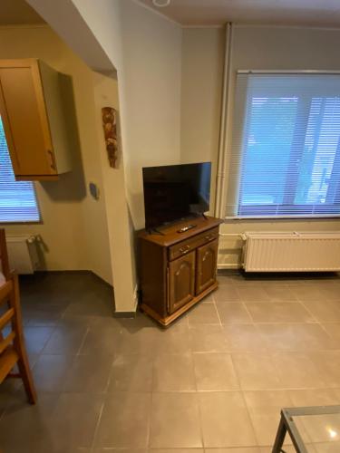 a living room with a flat screen tv and two windows at Chez Mo in La Roche-en-Ardenne