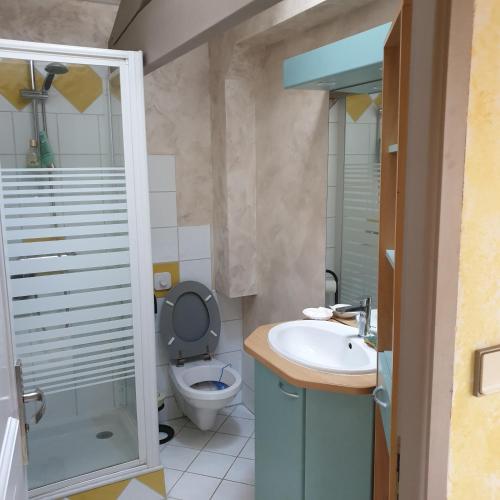 a small bathroom with a toilet and a sink at Chambre 1 in La Brede