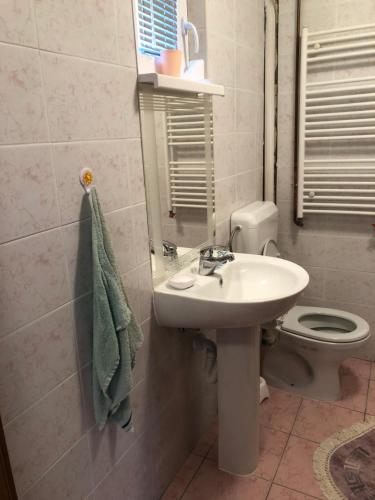 un bagno con lavandino, WC e specchio di Apartman Pionirska a Sarajevo