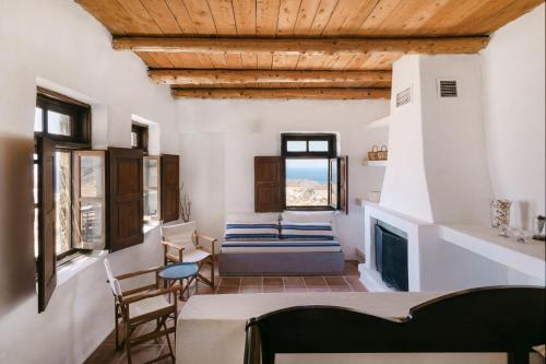 a living room with a bed and a fireplace at Villa Unica in Yiannioú