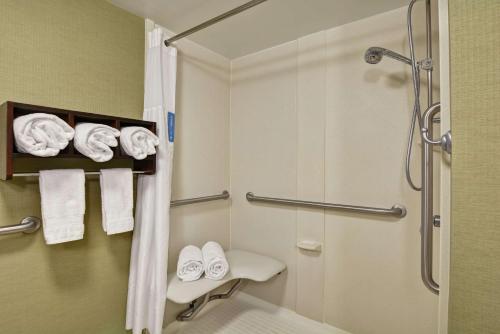 ein Bad mit einer Dusche, einem WC und Handtüchern in der Unterkunft Hampton Inn Charlotte-Gastonia in Gastonia