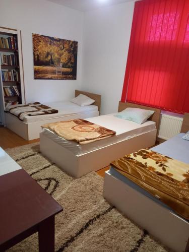 a room with three beds and a red window at Arthur 2 in Brčko