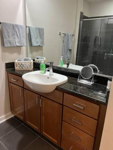 a bathroom with a sink and a mirror at Studio Townhouse in Uptown King Bed-Wi-Fi-Full Kitchen- Washer & Dryer in Charlotte