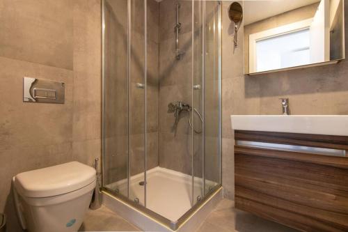 ein Bad mit einer Dusche, einem WC und einem Waschbecken in der Unterkunft Contemporary 1BR Haven w/ Parking + Gym #110 in Istanbul
