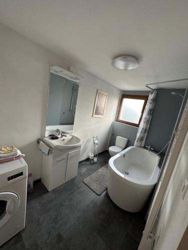 ein Badezimmer mit einer Badewanne, einem Waschbecken und einem WC in der Unterkunft Gîte des vignes in Bremis