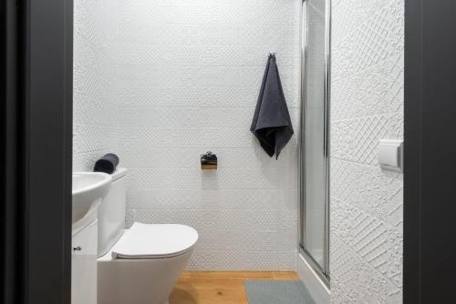 een witte badkamer met een toilet en een douche bij Loft Radzionków in Radzionków Nowy