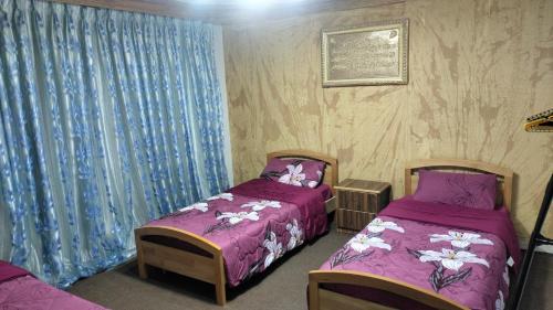 1 Schlafzimmer mit 2 Betten mit lila Daunendecken in der Unterkunft Wateen Home in Wadi Musa