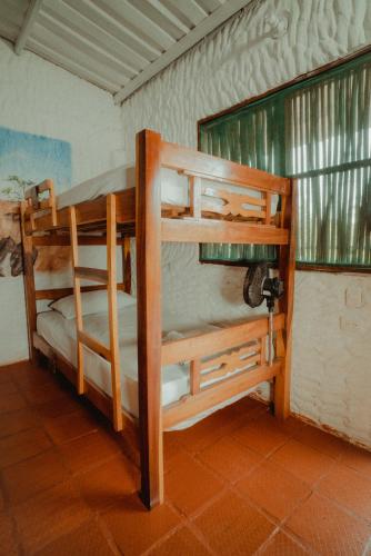 two bunk beds in a room with a window at Praba Hostel in Palomino