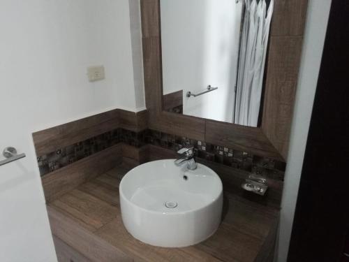 uma casa de banho com um lavatório branco e um espelho. em HOTEL QUINTERO em Teapa