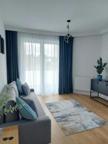 a living room with a couch and a rug at La Casa in Piotrków Trybunalski