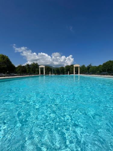 a large pool of blue water with trees in the background at Mont Ventoux-Chateau Gipieres app nr 9 in Montbrun-les-Bains