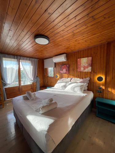 a bedroom with a large bed with a wooden ceiling at Gyra Villas - Villa Ermis with private pool in Lefkada
