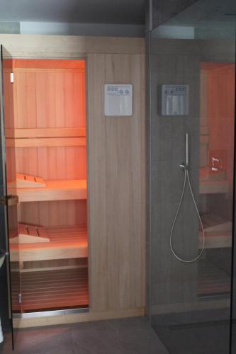 eine ebenerdige Dusche mit Glastür in der Unterkunft Dinaro Suite, Sauna & Garden in Franzensfeste