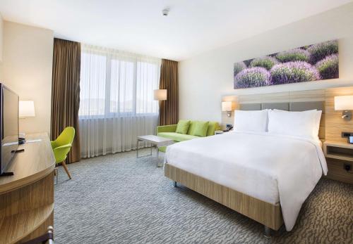 ウスパルタにあるHilton Garden Inn Ispartaの大型ベッドとテレビが備わるホテルルームです。