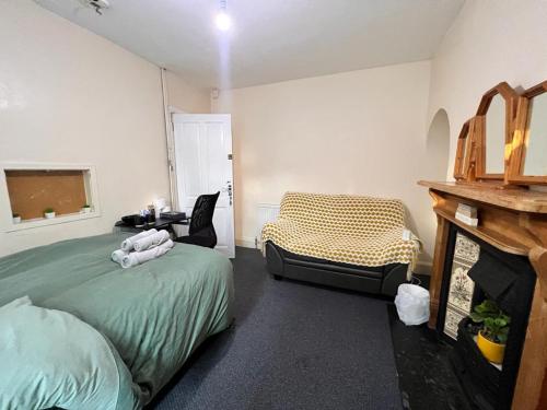 um quarto com uma cama verde e uma lareira em Nice Bedroom with Private Garden Woodleigh Avenue em Birmingham