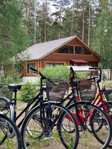 a group of bikes parked in front of a log cabin at Dobri Dom v Borovom in Borovoye