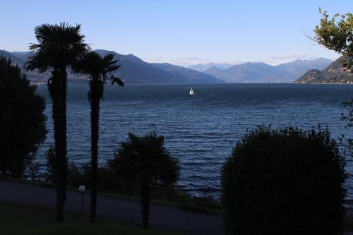 a sailboat on a large body of water with palm trees at La Suite dell'Artista SWIMMING POOL AND AIR CONDITIONING in Stresa