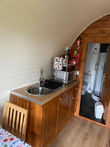 una cocina con fregadero en una casa pequeña en Acorns Luxury Glamping, en Holywell