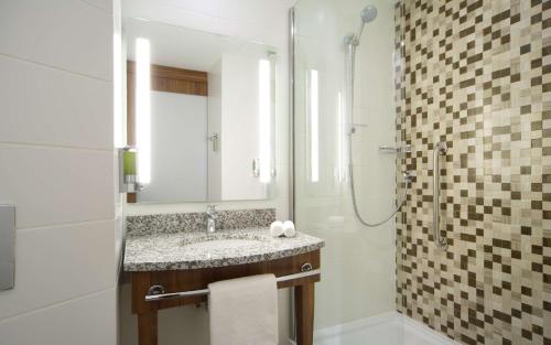 uma casa de banho com um lavatório e um chuveiro em Hampton by Hilton Nizhny Novgorod em Níjni Novgorod