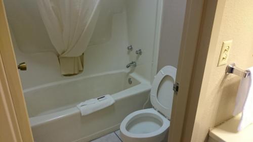 a bathroom with a white toilet and a bath tub at Magnuson Hotel Red Baron in Garden City