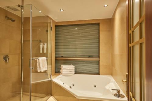 a bathroom with a tub and a glass shower at Plaza El Bosque Ebro in Santiago