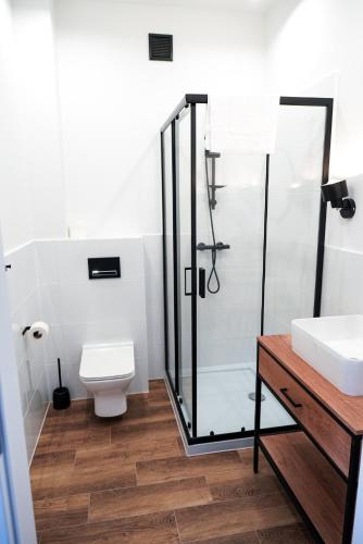a bathroom with a glass shower and a toilet at La Familia TYBURA in Uniejow