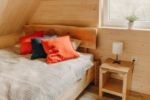 een slaapkamer met een bed met kleurrijke kussens erop bij Domek na skarpie in Joniec