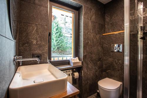 a bathroom with a sink and a toilet at La Rosa delle Alpi Luxury Apartment in Chamois