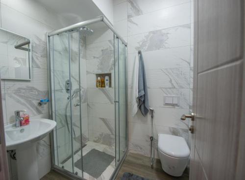 a bathroom with a shower and a toilet and a sink at Apartment Lara in Ulcinj