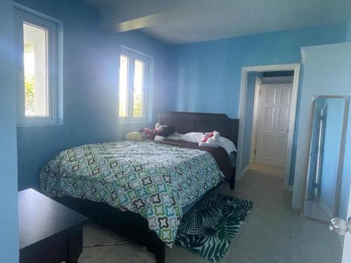 a blue bedroom with a bed with a teddy bear on it at Raha Villas in Gros Islet