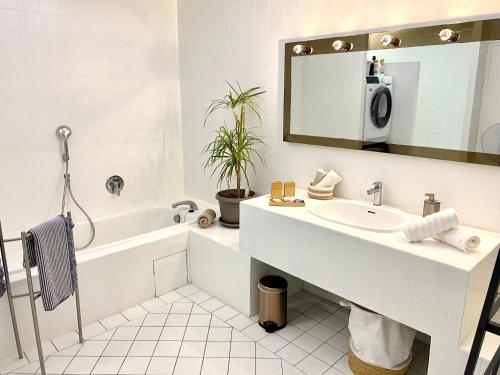 uma casa de banho com um lavatório, uma banheira e um espelho. em Appartement 3P 88 m2 terrasse et jardin à 20 metres de la plage em Antibes