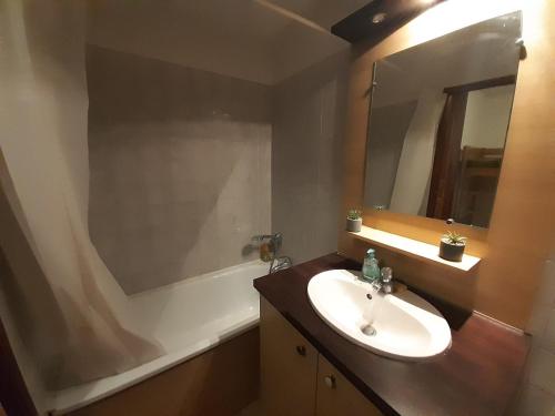 une salle de bain avec un lavabo, un miroir et une baignoire dans l'établissement Studio Montagne 28m², 4 pers, Balcon, Parking, Résidence Calme à Brides-les-Bains - FR-1-512-275, à Brides-les-Bains