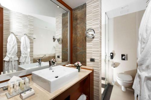 a bathroom with a white sink and a toilet at DoubleTree by Hilton Novosibirsk in Novosibirsk