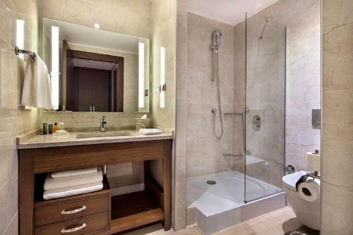 a bathroom with a shower and a sink and a toilet at Hilton Garden Inn Izmir Bayrakli in Izmir