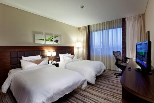 ein Hotelzimmer mit 2 Betten und einem Flachbild-TV in der Unterkunft Hilton Garden Inn Kutahya in Kütahya