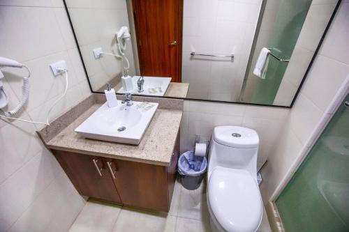 La salle de bains est pourvue de toilettes, d'un lavabo et d'un miroir. dans l'établissement Hermosa suite vista al rio 306, à Guayaquil