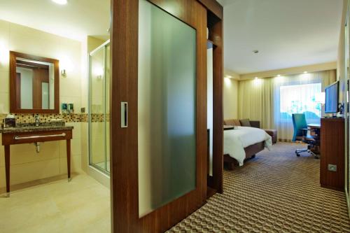 オルドゥにあるHampton By Hilton Orduのベッドとバスルーム付きのホテルルームです。