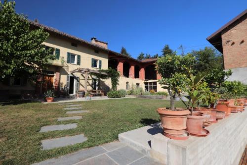 a row of potted plants on a wall in a yard at B&B Tricudai in Agliano Terme