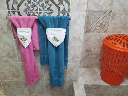 a row of towels hanging in a bathroom at Fay Guest House in Negril