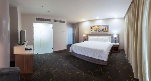 a hotel room with a bed and a television at Hampton Inn & Suites by Hilton Aguascalientes Aeropuerto in Aguascalientes
