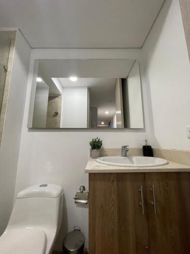 a bathroom with a sink and a toilet and a mirror at Hermoso apto zona sur CALI in Cali