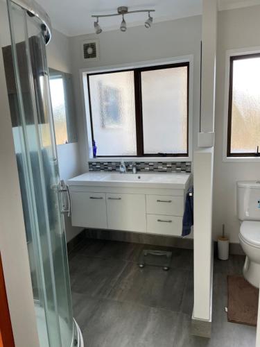 a bathroom with a shower and a sink and a toilet at Bach on Daisy in Tauranga