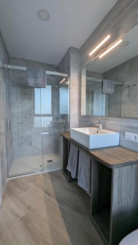 a bathroom with a sink and a shower at Hydros in Ripoll