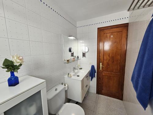 ein Badezimmer mit einem WC, einem Waschbecken und einem Spiegel in der Unterkunft Apartamento ANTOSOL in Playa Honda