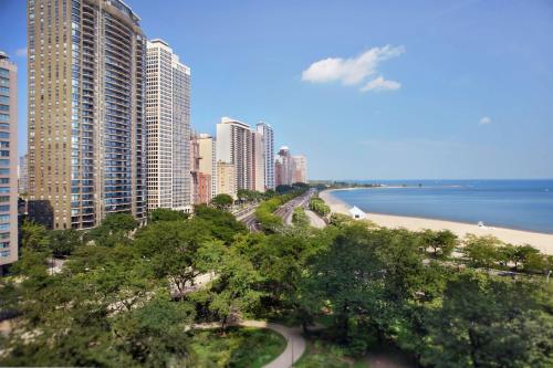 een uitzicht op een stad met een strand en gebouwen bij The Drake Hotel in Chicago